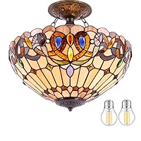 WERFACTORY Tiffany Ceiling Light Fixture Serenity Victorian Stained Glass Semi Flush Mount Lamp Wide 16 Inch Height 15 Inch Tiffany Ceiling Lamp S021 Series