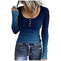 Women's Henley Shirts Long Sleeve Button Down Tunic Tops Scoop Neck Ribbed Knit Slim Fitted Casual Tops Blouses