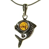 BALTIC AMBER AND STERLING SILVER 925 FISH ANIMAL PENDANT NECKLACE - 10 12 14 16 18 20 22 24 26 28 30 32 34 36 38 40