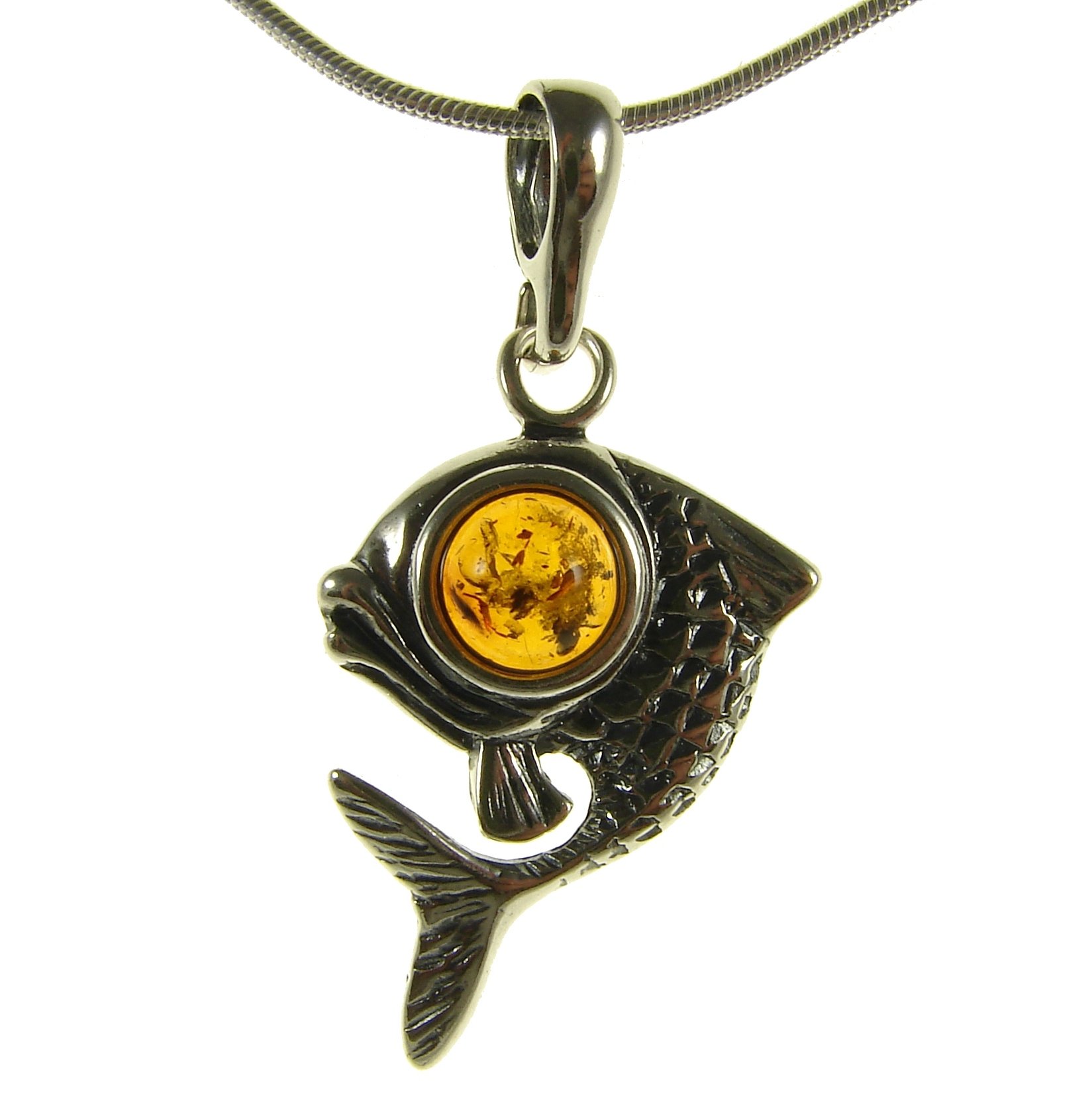 BALTIC AMBER AND STERLING SILVER 925 FISH ANIMAL PENDANT NECKLACE - 10 12 14 16 18 20 22 24 26 28 30 32 34 36 38 40
