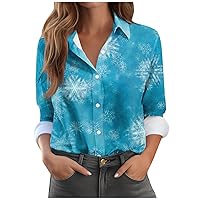 Christmas Tops for Women Dressy Funny Xmas Printed Button Up Womens Dress Shirts Causal Baggy Long Sleeve Blouse