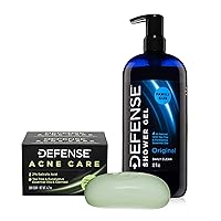 Defense Acne Care Bar Soap 4.2oz 2% Salicylic Acid (2-Pack) & Body Wash 32 oz - Natural Shower Gel