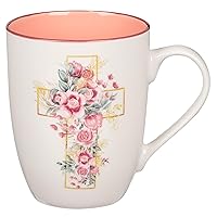 Christian Art Gifts Encouraging Ceramic Coffee & Tea Mug for Women: Rosy Pink Floral Cross, Microwave & Dishwasher Safe Cup, Cute Lead-free Inspirational Encouraging Novelty Drinkware, White, 12 oz.
