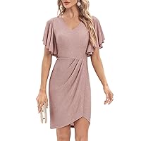 Meetjen Women's V Neck Ruched Cocktail Party Dress 2024 Elegant Bodycon Ruffle Sleeve Glitter Sheath Dresses