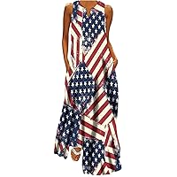 4th of July Maxi Long Dresses for Women 2023 Casual Summer Sleeveless Flowy Tank Sundress Star Stripes Patriotic Dress