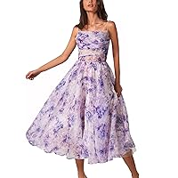 Organza Prom Dress Sleeveless Print Suspender Dress Midi Homecoming Dress Spaghetti Strap Summer Party Dress