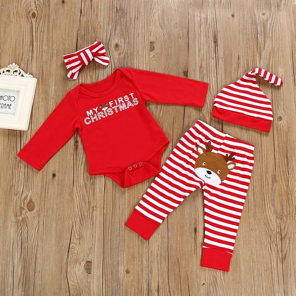 Baby Girl Christmas Outfit Baby Girl Long Sleeve Rompers Striped Pant Sets My First Christmas Baby Girl Outfit