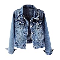 Jean Jackets for Women Fashion Long Sleeve Distressed Ripped Jean Button Up Jacket with Pockets Fitted Denim Jean Jackets