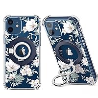 GVIEWIN Bundle - Compatible with iPhone 12 Case Floral (Magnolia) + Magnetic Phone Ring Holder (Blue)