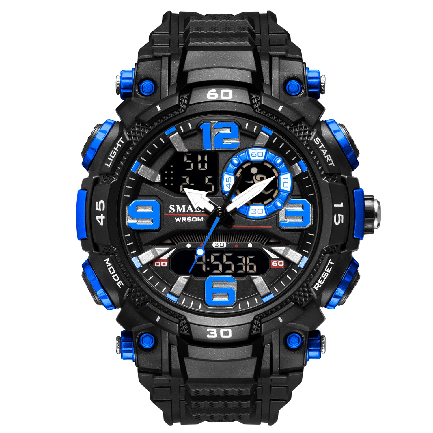 SMAEL Men Watch Waterproof 50M Dual Time Zone Men’s Luxury Sport Watches Stopwatch Alarm Digital Table Clock Trending (Black Blue)
