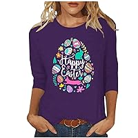 Women Happy Easter T Shirt Cutte Bunny Rabbit Egg Graphic T-Shirt Funny Letter Printed Shirts 3/4 Sleeve Tunic Tops