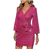 Women's Formal Sequin Dresses Sexy Deep V Neck Bodycon Dress Tie Belted Sparkly Evening Party Dress for 2024 New Year