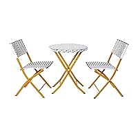 Flash Furniture FV-FWA085-NVY-WHT-GG Rouen Three Piece Folding French Bistro Set in PE Rattan with Metal Frames for Indoor and Outdoor Use, Navy/White