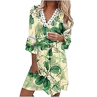 Summer Dresses for Women 2023 Casual Elegant Floral Beach Sundress Crochet Lace Trim V Neck 3/4 Bell Sleeve Short Mini Dress
