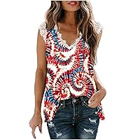 Women Trendy Lace Trim Tank Tops American Flag Tie Dye Shirts Summer Sleeveless V Neck Casual T-Shirt for Going Out