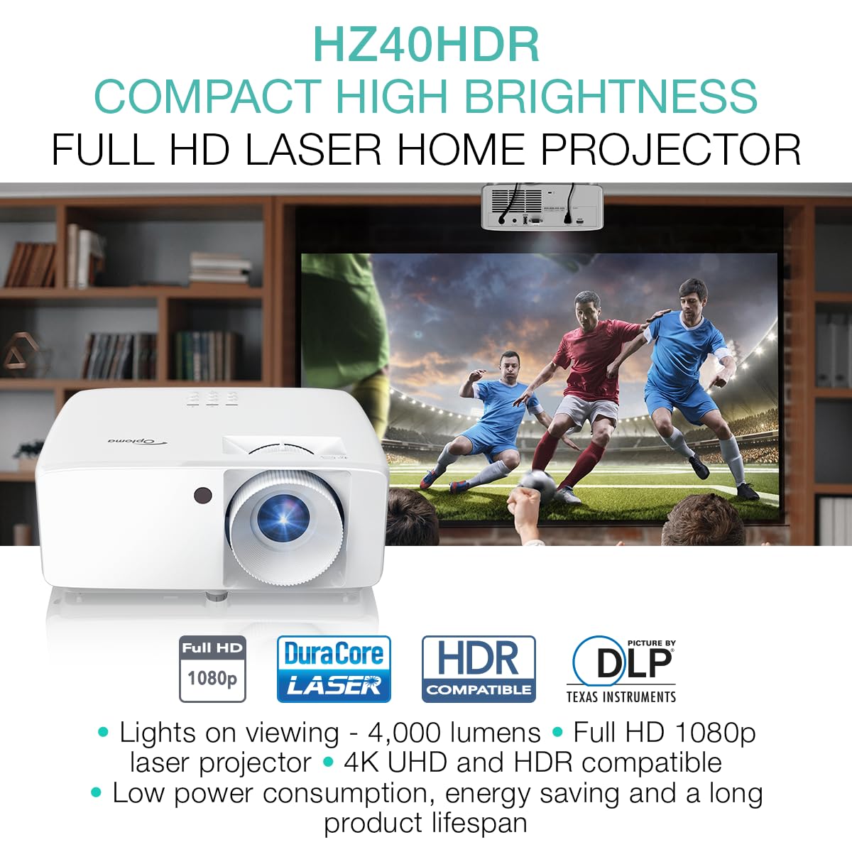 Optoma HZ40HDR Compact Long Throw Laser Home Theater and Gaming Projector, 1080p HD with 4K HDR Input, High Bright 4,000 Lumens for Day and Night Viewing