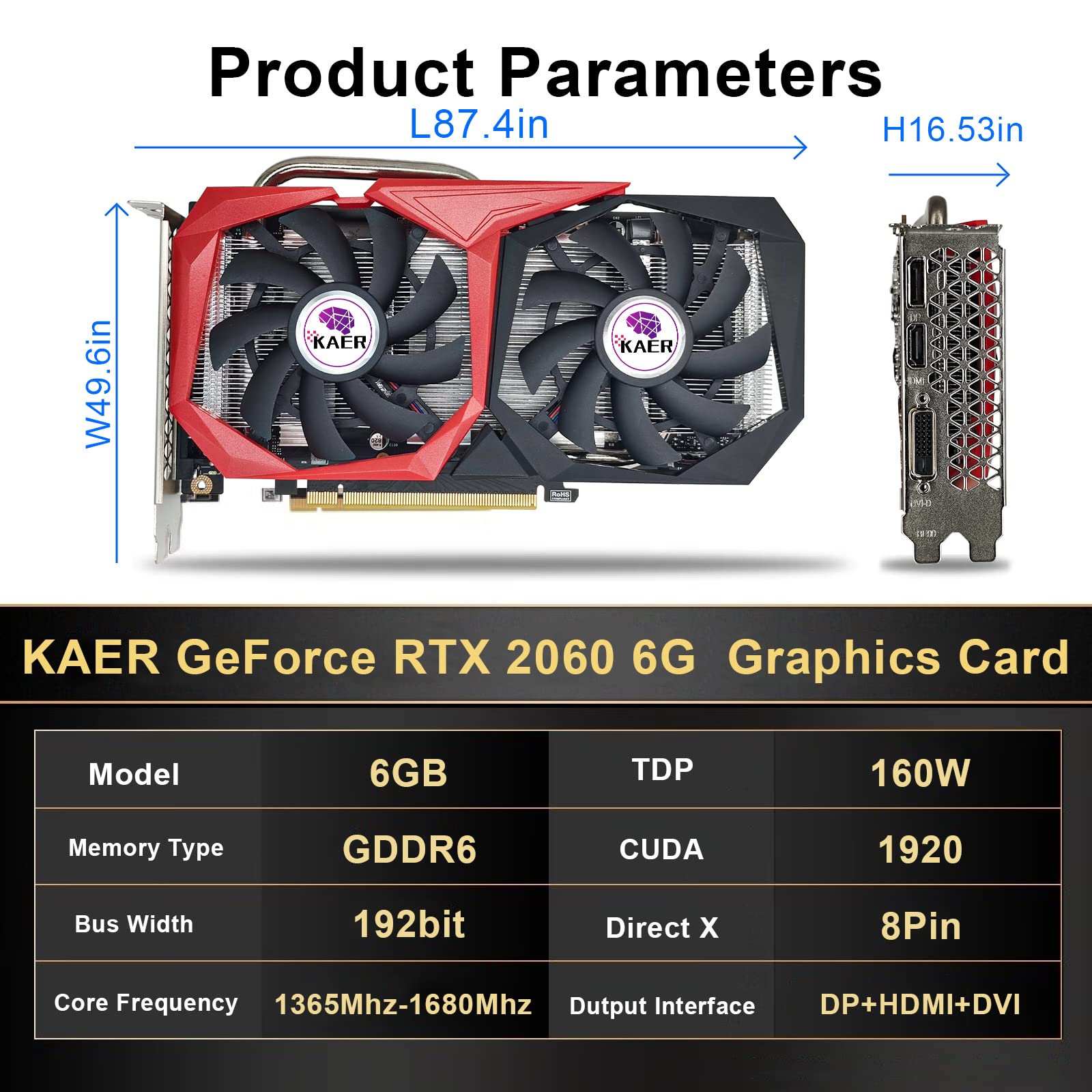 KAER Gaming GeForce RTX 2060 6GB GDRR6 192-Bit HDMI/DP/DVI 1680MHz Dual Fans ray-tracing Graphics Card
