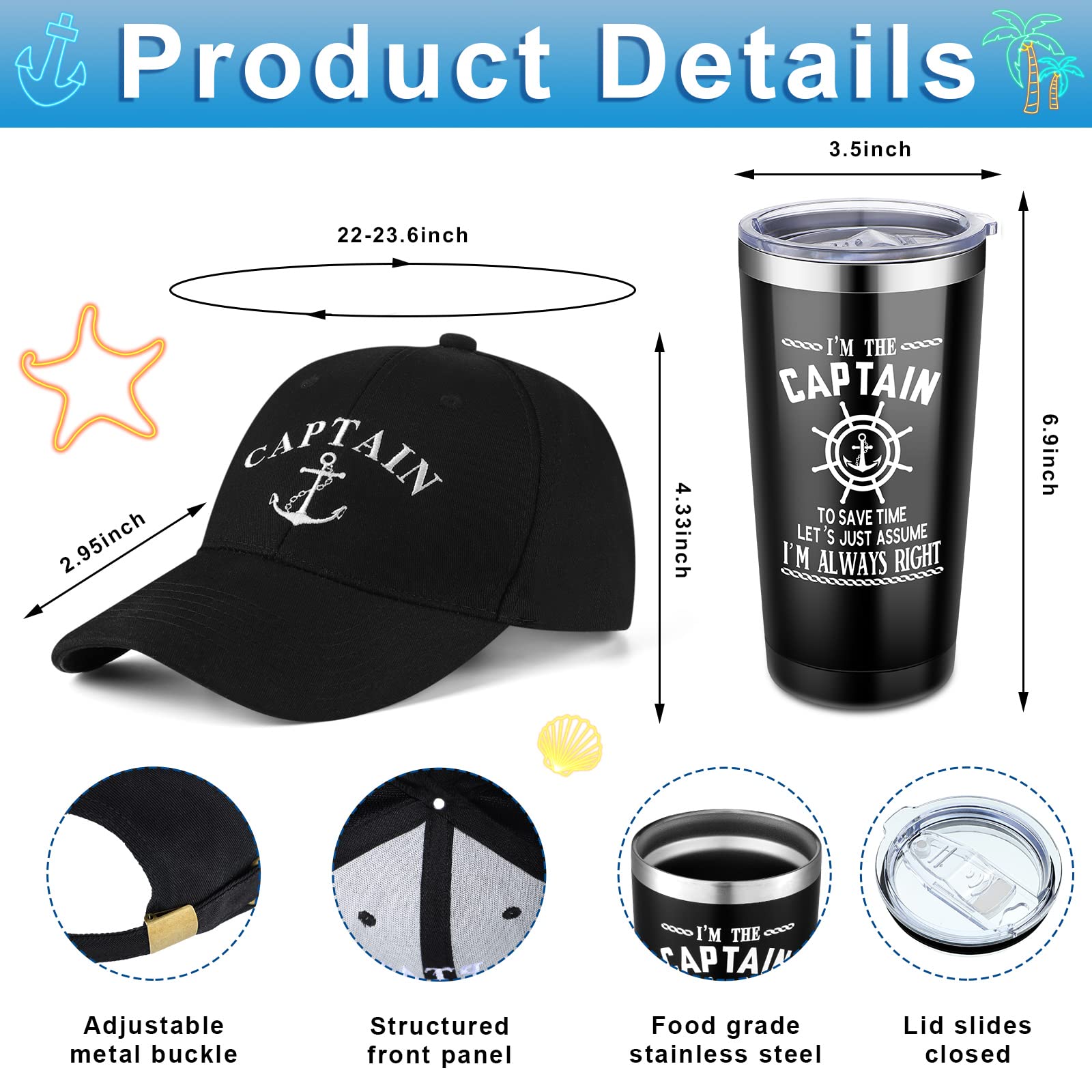 Handepo Boating Accessories Gifts for Men Boat Captain Cap I'm Captain Tumbler Boating Baseball Cap Nautical Cups Stainless Steel Coffee Mug Summer Gifts (Black)
