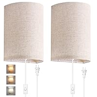 AVV Wall Sconces Set of Two, Wall Lamp Plug in with On/Off Switch, 2700K 4000K 5000K Selectable, Wall Lights for Bedroom, Living Room, Fabric Linen Lamp Shades, No Wiring Required