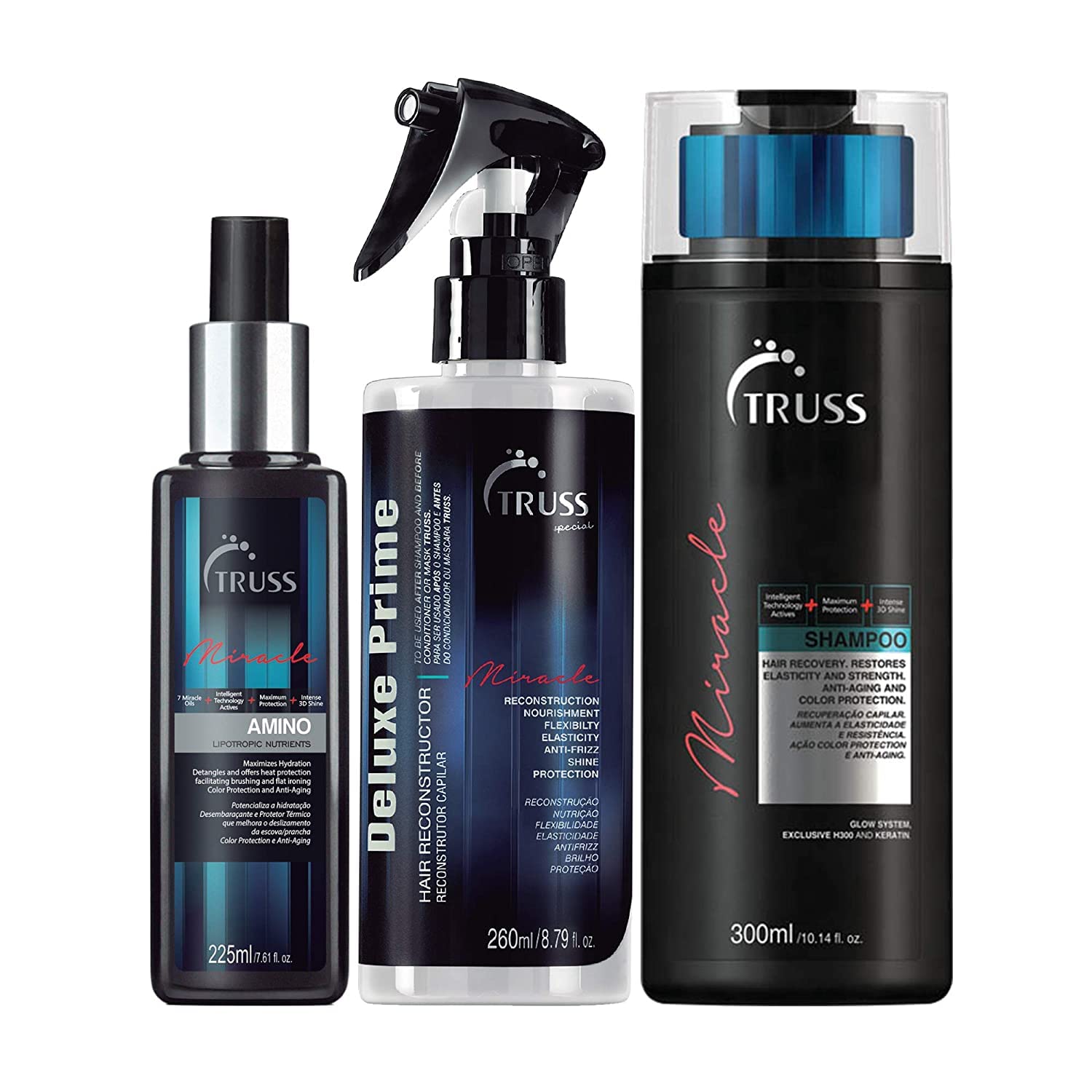 TRUSS Professional Amino Miracle - Heat Protectant Spray Bundle with Miracle Shampoo and Deluxe Prime Hair Treatment