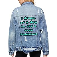 Palestine Design Women's Oversized Denim Jacket - Quote Design Ladies Denim Jacket - Themed Denim Jacket