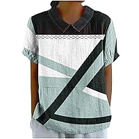 Women Geometric Print Peter Pan Collar Shirts Y2K Keyhole Back Short Sleeve Tee Tops Summer Casual Loose Blouse