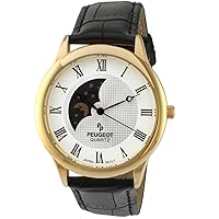 Peugeot Men's 14K Gold Plated Sun Moon Phase Vintage Dress Analog Watch with Leather Strap
