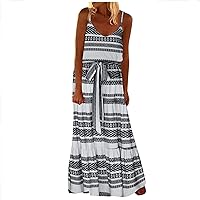 Womens Ethnic Style Belted Spaghetti Strap Maxi Dresses Plus Size Summer Ruffle Sleeveless V Neck Beach Sundress