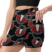 Bull Skull Rose Gun Casual Short Skirts for Women Summer Tennis Golf Mini Skirt with Shorts Pocket