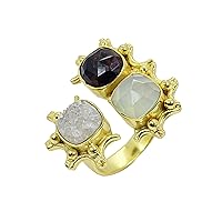 Mahogany Obsidian, White Durzy and Aqua Chalcedony Gold Plated Brass Adjustable Ring Antique Jewelry