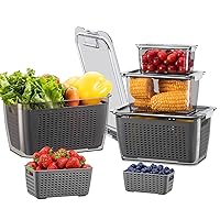 LUXEAR 4 Pack Fruit Containers for Fridge, Vegetable Storage Container with Lids &Removable Colander Produce Saver Organizer for Refrigerator Keep Fruit, Veggie, Berry, Meat Fresh Longer-Grey