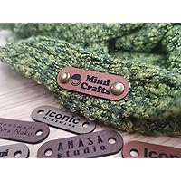 Small Customized 1.5 x 0.5 in Faux Leather Product Rivets Tags, Personalized Tags for Knitting and Crochet, Brand Labels for Handmade Items, Τags for beanies and crafts custom name or logo