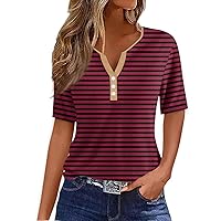 Summer Tops for Women Short Sleeve Button V Neck Tshirts Trendy Striped Dressy Casual Blouses Loose Fit Graphic Tunics