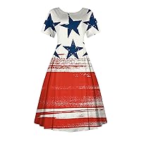 Womens 4th of July American Flag Midi Dress Casual Vintage Printed Round Short Sleeve Waisted Big Swing Dresses