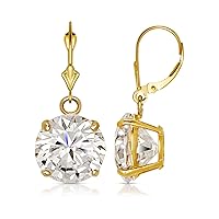 Jewelryweb 14k Yellow or White Gold Solitaire Round Cubic Zirconia CZ Dangling Drop Lever-back Earrings (6mm-8mm)