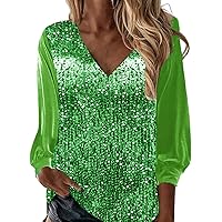 Womens Long Sleeve Tops,Trendy Sparkle Printed Lantern Sleeve Sequin Top Casual Deep V Neck T Shirts for Women