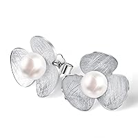 Elegant Designer Flower Earrings with White Freshwater Cultured Pearl in 925 Sterling Silver Women Fine Handmade Jewelry - PremiumPearl