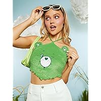 Women's Tops Shirts Sexy Tops for Women Cartoon Graphic Lettuce Trim Tie Backless Halter Top Shirts for Women (Color : Lime Green, Size : X-Small)
