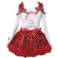 Christmas Dress Santa Claus Hat White L/s Shirt Red Sequin Skirt Girl Cloth 1-8y