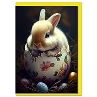 Little Eastern Bunny in the Easter Egg Shell Greeting Card Large 5x7 Inch Blank Inside with Yellow Envelope