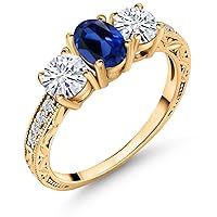 Gem Stone King 18K Yellow Gold Plated Silver 3-Stone Ring Oval Blue Created Sapphire and Moissanite (2.12 Cttw)
