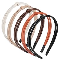 Thin Headbands for Women, 5PCS Faux Leather Knotted Headband Non Slip Fashion Hair Styling Accessories, Solid Simple Head Bands for Women's Hair(Black/White/Khaki/Brown/Curry)