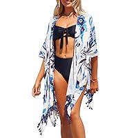 SouqFone Cover Ups for Swimwear Bohemian Kimono Cardigan Ruffled Flounce High Waisted Bikini Set-S,Star Sky Blue Print