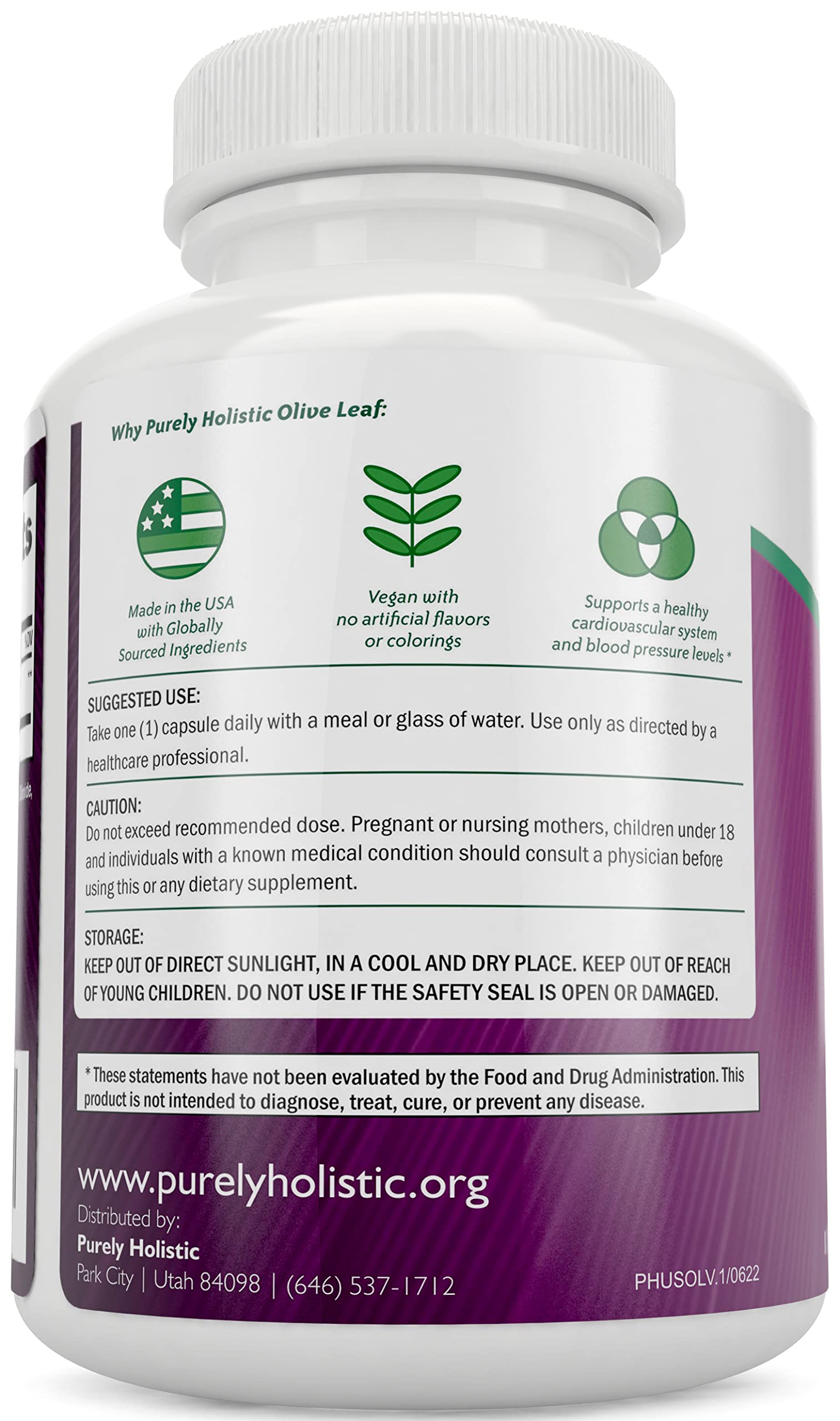 Purely Holistic Olive Leaf Extract 750mg (Non-GMO) Maximum Strength - 120 Vegan Capsules - 20% Oleuropein - 4 Month Supply - Immune System Support Supplement