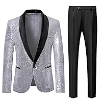 Men's Suit Sequins Jacket Black Shawl Lapel & Pants One Button Two-Piece Party Dinner Prom Casual Tuxedos