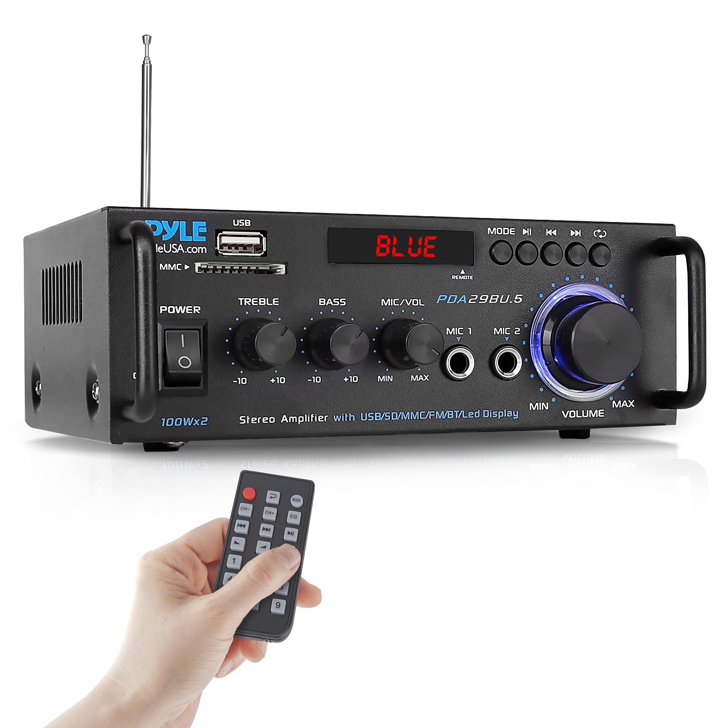 Pyle Wireless Bluetooth Stereo Power Amplifier - 200W 2 Channel Audio Stereo Receiver USA Warranty w/ RCA, USB, SD, MIC IN, FM Radio, For Home Theater Entertainment via RCA, Studio Use -Pyle PDA29BU.6