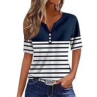 Summer Tops for Women 2024 Short Sleeve T Shirt Tee Print Button V- Neck Regular Tops