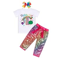 IMEKIS Toddler Baby Girls Melon Birthday Outfit Rainbow Romper Shirt + Shiny Long Pants + Headband Kids Cake Smash 1-5T