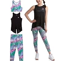 Girls' Active Leggings Set - 3 Piece Mesh Shirt, Capri Leggings, and Crop Cami Sports Bra - Summer Activewear (7-12)