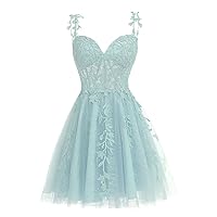 Junior's Spaghetti Straps Lace Homecoming Dress for Teens 2023 Tulle Short Prom Dresses Cocktail Gowns with Pockets R033